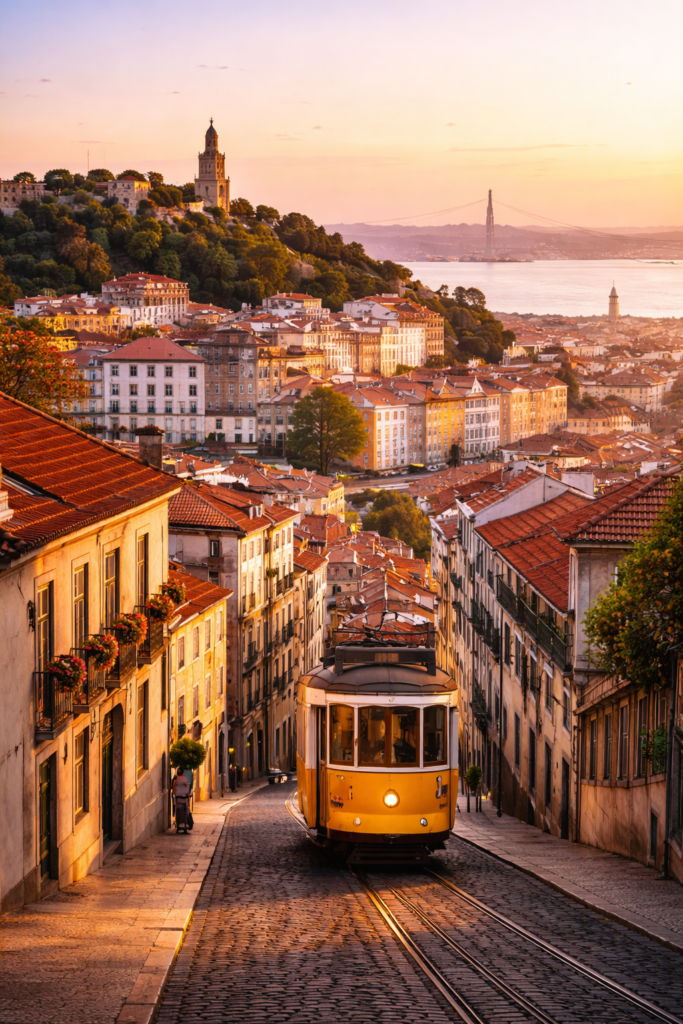 Bonde amarelo de Lisboa descendo rua histórica ao pôr do sol, com prédios coloridos e o Rio Tejo ao fundo.