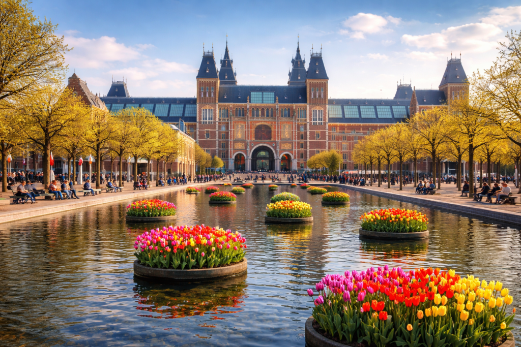 Rijksmuseum em Amsterdã com tulipas coloridas, espelho d’água e arquitetura histórica em um dia ensolarado.