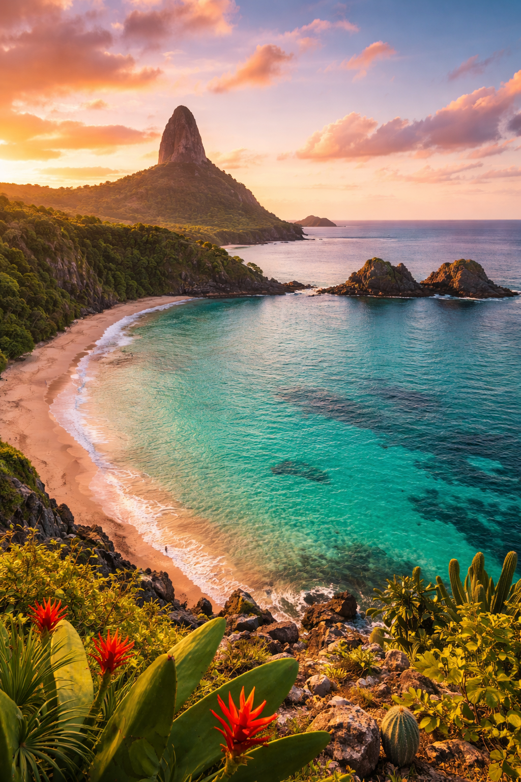 Praias cristalinas de Fernando de Noronha com águas turquesa e rochas ao fundo