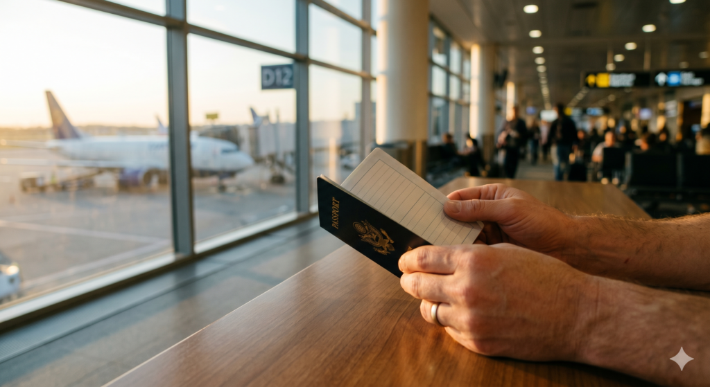 mãos de uma pessoa segurando um passaporte azul dos Estados Unidos, parcialmente aberto, sobre um balcão de madeira. Através de uma grande janela de vidro no fundo, um avião de passageiros branco e azul está estacionado na pista, sob a luz dourada do final de tarde. Uma placa de portão "D12" está visível. Outras pessoas borradas movem-se no terminal distante, dando uma sensação de atividade e partida iminente. A iluminação é quente e natural, realçando os detalhes das mãos e do passaporte.