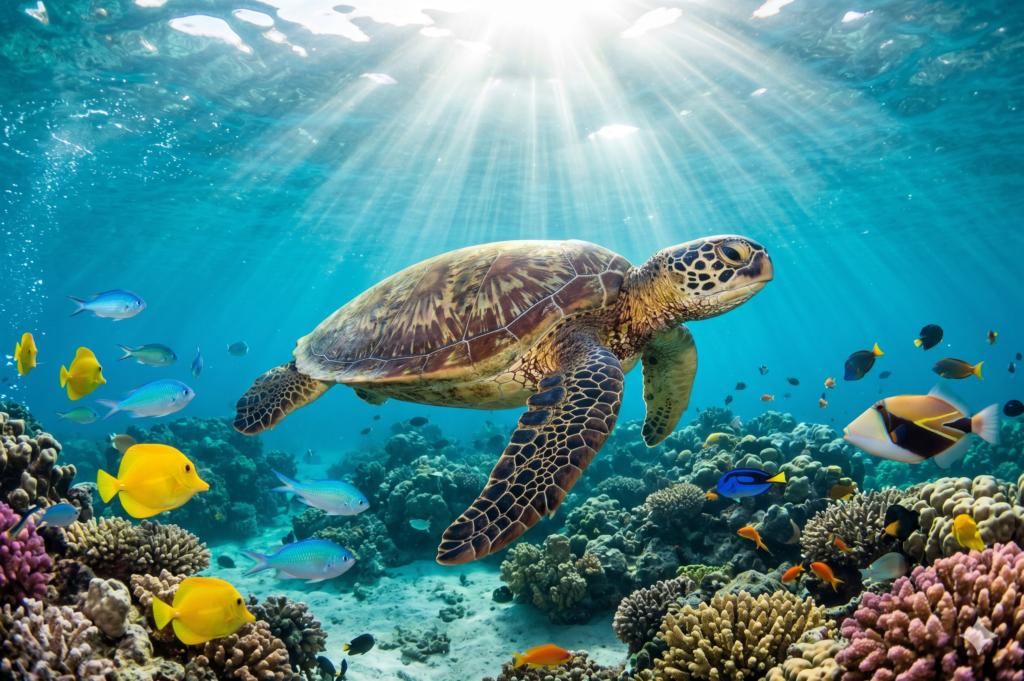 tartaruga-verde gigante nadando graciosamente sobre um recife de corais coloridos no Havaí. A água azul-turquesa é cristalina, e feixes intensos de luz solar perfuram a superfície do mar de cima para baixo, iluminando o casco detalhado da tartaruga. Ao redor do recife, no fundo do mar, nadam vários peixes tropicais pequenos e multicoloridos, incluindo cirurgiões-amarelos brilhantes e peixes azuis, criando uma cena cheia de vida marinha.