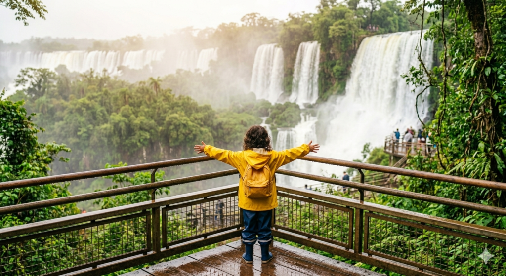 criança de costas com os braços bem abertos em um mirante de madeira, contemplando a grandiosidade das Cataratas do Iguaçu. A criança usa uma capa de chuva amarela vibrante e uma mochila da mesma cor. Ao fundo, as imensas quedas d'água geram uma névoa densa no ar, cercadas pela vegetação verde e exuberante da selva tropical.