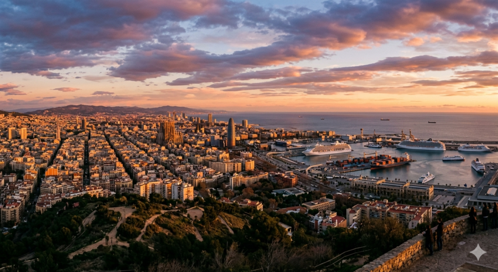 panorâmica da cidade de Barcelona ao pôr do sol, capturada de um mirante em Montjuïc. A paisagem urbana, banhada pela luz quente do "golden hour", estende-se até o Mar Mediterrâneo. À esquerda, destaca-se a arquitetura única do templo da Sagrada Família. À direita, o movimentado porto industrial e de cruzeiros está repleto de navios ancorados. O céu está coberto por nuvens suaves e coloridas em tons de rosa, laranja e azul. Em primeiro plano, algumas silhuetas de pessoas no mirante observam a vista.