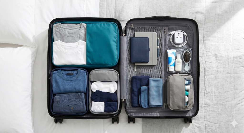 mala de viagem de mão aberta e perfeitamente organizada sobre uma cama com lençóis brancos e colcha cinza. O lado esquerdo contém roupas dobradas (camisetas, suéter, calças) arrumadas em cubos de organização de cor azul-petróleo e diretamente na mala. O lado direito tem compartimentos de malha segurando um porta-passaporte de couro azul, um diário de viagem cinza, um adaptador de tomada universal com cabos, protetor solar e bolsas de higiene transparentes com itens essenciais. Os itens são organizados, coloridos e iluminados por luz natural brilhante, criando uma sensação de preparação para a viagem.