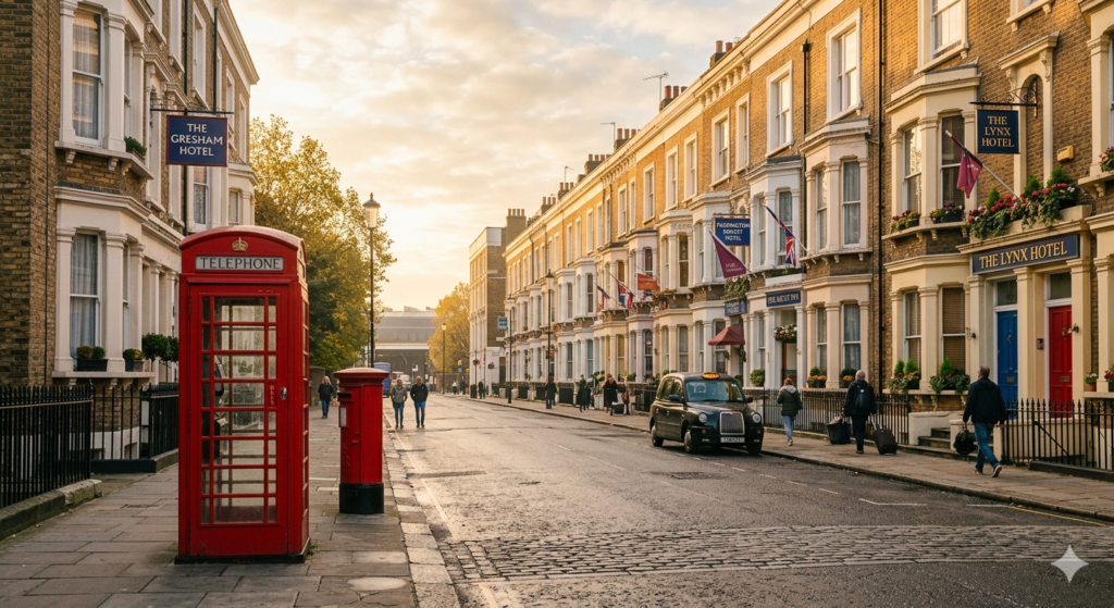 Vista ampla de uma charmosa rua em Paddington, Londres, durante o amanhecer. Edifícios vitorianos clássicos de tijolos claros abrigam hotéis econômicos ao longo da calçada.