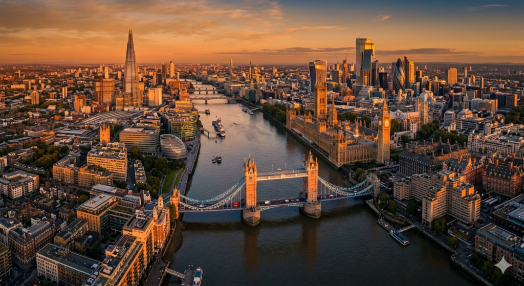 tirada por drone do centro de Londres durante o entardecer. O Rio Tâmisa corta o centro da imagem, com a Tower Bridge em destaque no primeiro plano. Ao longo das margens, a silhueta urbana da cidade se estende com arranha-céus modernos, incluindo o The Shard à esquerda, e o Palácio de Westminster com o Big Ben à direita, todos banhados por uma intensa luz alaranjada do pôr do sol.