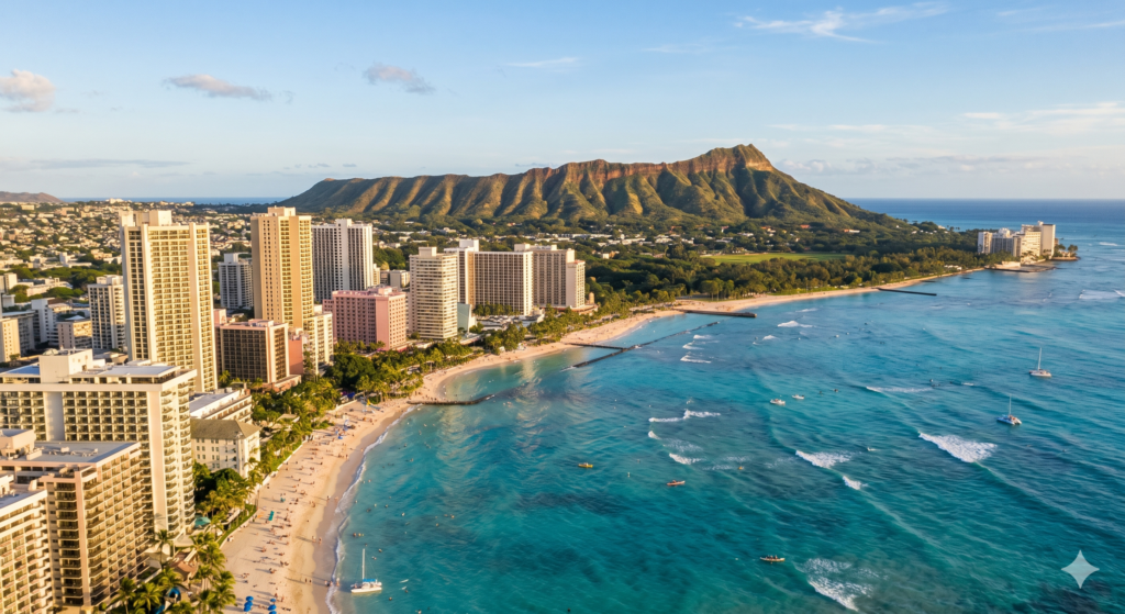 Pontos Turísticos do Havaí. Vista aérea da praia de Waikiki com a cratera vulcânica de Diamond Head ao fundo, água cristalina turquesa, areia branca, hotéis de luxo à beira-mar, luz dourada do fim da tarde, fotografia de viagem