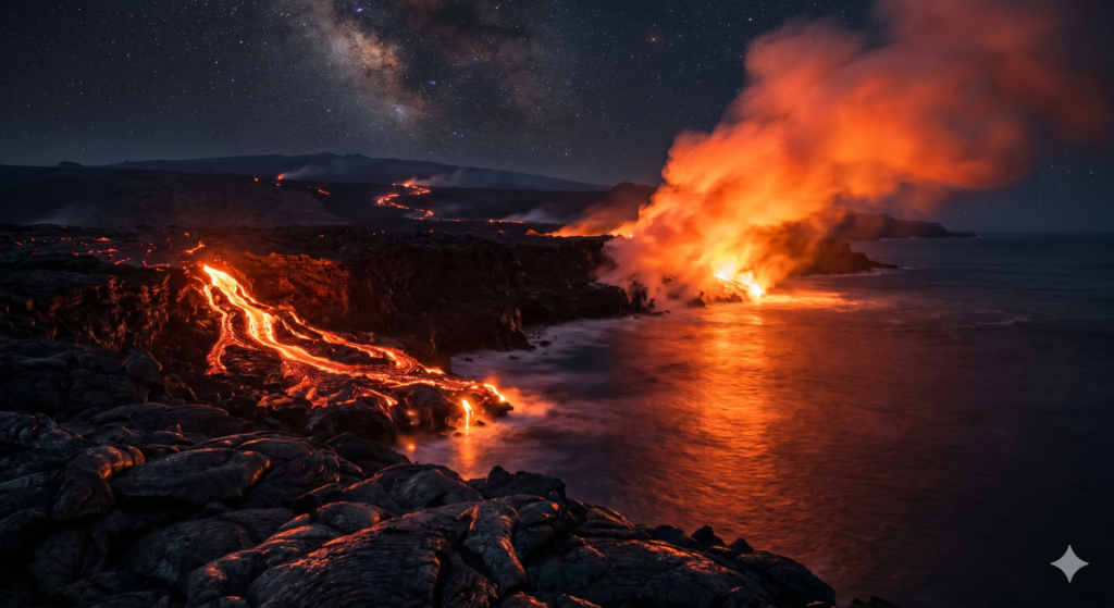 Lava vulcânica ativa fluindo para o oceano à noite na Ilha Grande do Havaí, brilho dramático em tons de laranja e vermelho refletido na água escura, fotografia de longa exposição, sem pessoas, poderosa e cinematográfica, sem texto