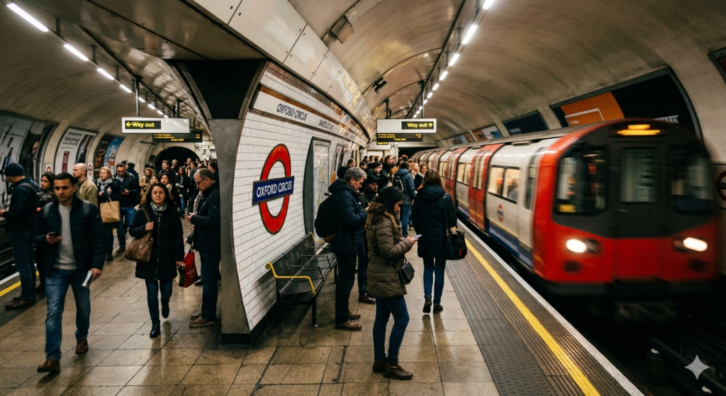nterior da estação de metrô Oxford Circus em Londres. Na plataforma movimentada, passageiros e turistas aguardam ou caminham sob a luz de lâmpadas tubulares no teto curvado.