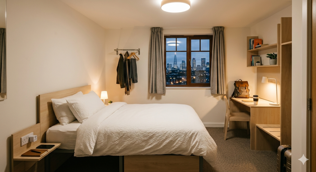 quarto de hotel econômico compacto e moderno em Londres.