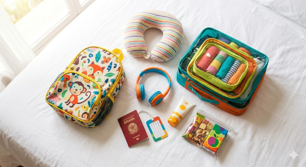 flat lay de itens de viagem infantis organizados sobre um lençol branco e limpo. A composição inclui uma mochila colorida com estampas de macaco e raposa, uma almofada de pescoço listrada, fones de ouvido azuis e laranjas, um passaporte brasileiro, uma etiqueta de bagagem, um tubo de protetor solar infantil, um saquinho transparente com lanchinhos e biscoitos, e três cubos organizadores de mala contendo roupas milimetricamente dobradas em rolinhos coloridos. A iluminação é clara, vinda de uma janela próxima.