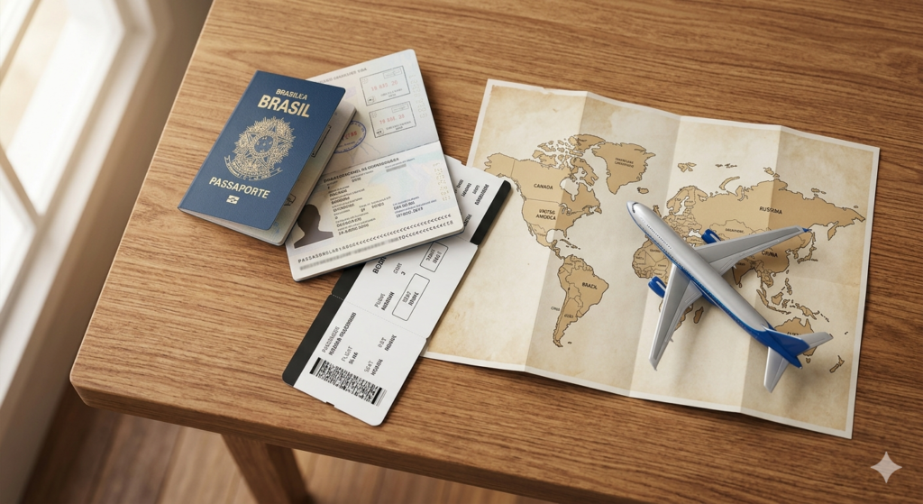 itens de viagem arranjados sobre uma mesa de madeira quente e granulada. No canto superior esquerdo, há um passaporte brasileiro aberto, de cor azul escura com o brasão dourado. Próximo a ele, um cartão de embarque impresso com códigos de barras e texto simulado. À direita, um mapa-múndi físico, envelhecido e parcialmente dobrado, mostrando os continentes. Uma miniatura de avião comercial prateada e azul repousa sobre o mapa. A cena é iluminada por luz natural suave vinda de uma janela próxima, criando uma estética de viagem organizada e profissional.