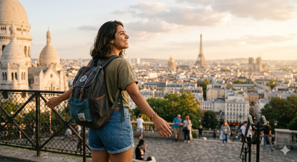 jovem mulher sorridente com uma mochila escura nas costas, em pé em um mirante de pedra em Montmartre, Paris. Ela está posicionada de perfil parcial, com os braços levemente abertos em um gesto que transmite liberdade e descoberta. A jovem olha para a deslumbrante paisagem urbana da cidade banhada pela luz dourada do pôr do sol. No lado esquerdo, aparecem as cúpulas brancas da Basílica de Sacré-Cœur e, ao fundo, a silhueta da Torre Eiffel se destaca no horizonte sob um céu com nuvens suaves.