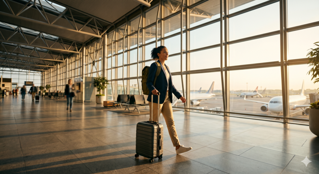 viajante caminhando com confiança através de um terminal de aeroporto internacional moderno. A mulher brasileira, de cabelos cacheados, está em movimento, puxando uma mala de mão cinza escura e usando uma mochila verde-oliva, blazer azul-marinho e calças cáqui. O terminal possui tetos altos de metal exposto e paredes de vidro do chão ao teto. Através das janelas, vários aviões comerciais estão estacionados na pista, sob o brilho dourado e quente do sol da tarde. A luz natural banha a cena, criando tons quentes e reflexos no chão polido. Outras figuras borradas de viajantes estão ao longe, adicionando dinamismo à cena.