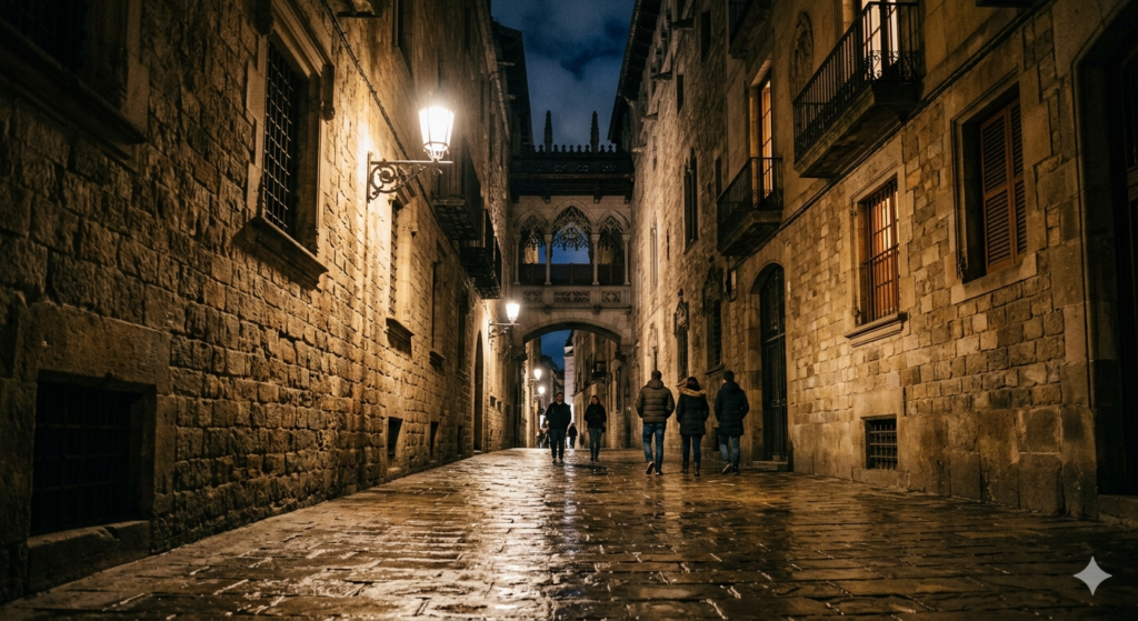 Bairro Gótico de Barcelona. O beco é pavimentado com paralelepípedos molhados que refletem a luz quente e dourada de lanternas de ferro forjado presas às paredes de pedra texturizada. Ao fundo, quatro pessoas caminham de costas em direção à icônica ponte de estilo gótico-flamengo (Ponta del Bisbe) que conecta dois edifícios antigos. A luz fraca e as sombras criam um clima de mistério e história.