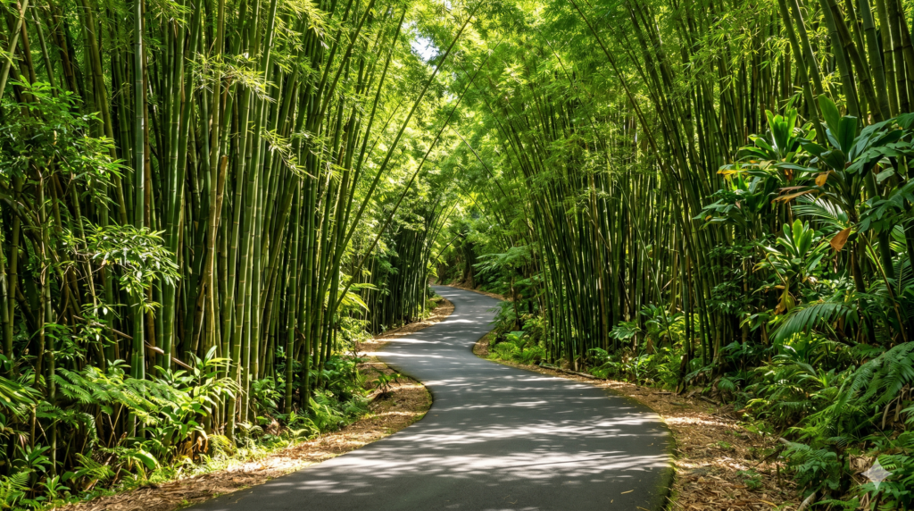 Estrada sinuosa e panorâmica através de uma densa floresta de bambu em Maui