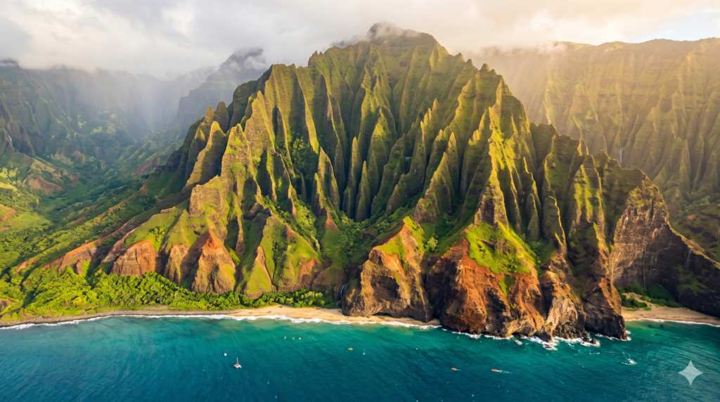 Pali Coast, com seus dramáticos penhascos verdes que emergem do oceano turquesa em Kauai, Havaí, vista aérea, vegetação tropical exuberante, atmosfera enevoada, luz dourada do pôr do sol, fotografia de paisagem de tirar o fôlego