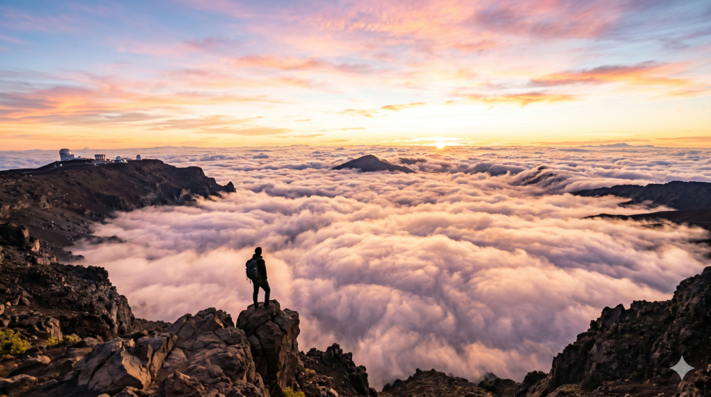 amanhecer acima das nuvens, visto do topo do vulcão Haleakala em Maui, Havaí. Um vasto mar de nuvens brancas e densas se estende abaixo, brilhando em tons degradê de dourado, rosa e laranja sob a luz do sol nascente. No canto esquerdo inferior, em primeiro plano, destaca-se a silhueta solitária de um viajante em pé sobre uma formação rochosa escura e escarpada na borda da cratera, contemplando o horizonte infinito. O céu exibe tons suaves de azul, rosa e amarelo brilhante.