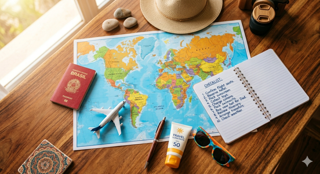 flat lay tirada de cima de uma mesa de madeira decorada para o planejamento de uma viagem em família. Sobre a mesa, há um mapa-múndi aberto, um passaporte brasileiro vermelho, um chapéu de palha, óculos de sol infantis coloridos, um tubo de protetor solar fator 50, um pequeno avião de brinquedo azul e branco e um caderno aberto exibindo uma lista de tarefas manuscrita em inglês com o título Checklist. A luz natural do sol ilumina a cena lateralmente.