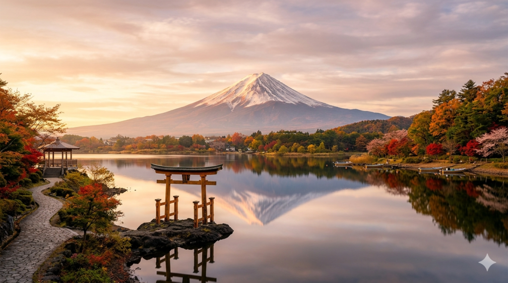 Paisagem impressionante do Monte Fuji com o pico coberto de neve, refletido perfeitamente nas águas calmas e espelhadas do Lago Kawaguchiko durante o amanhecer. Em primeiro plano, um portal tradicional torii de madeira escura fica sobre uma pequena base rochosa à beira do lago. A margem está cercada por densa vegetação de outono em tons vibrantes de vermelho, laranja e verde, sob um céu suave com nuvens dispersas.