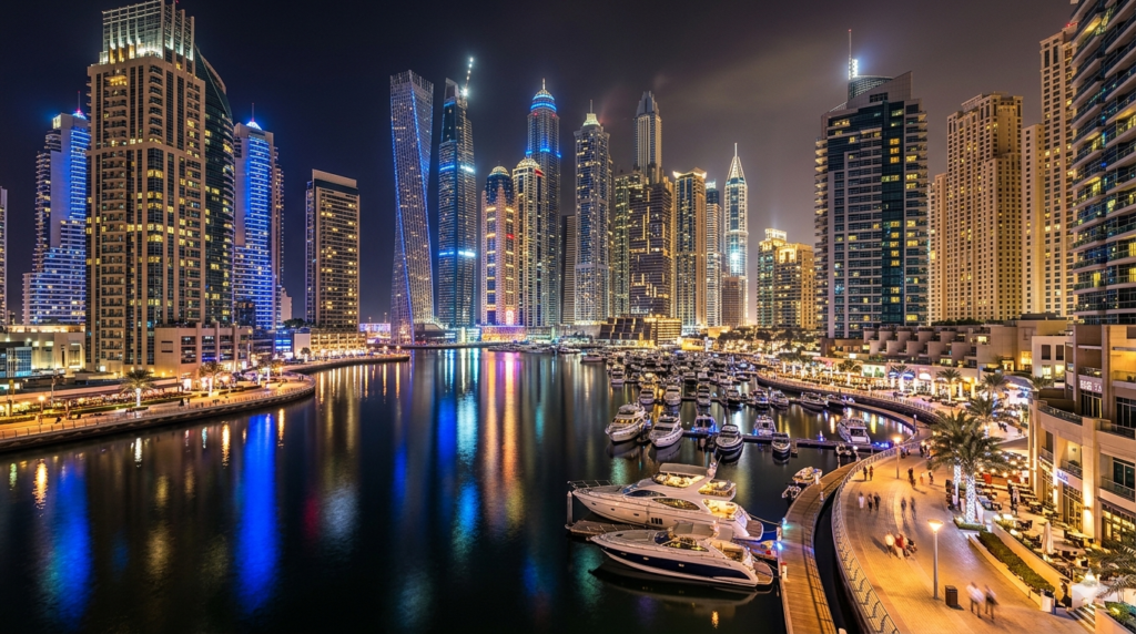 Dubai Marina a noite, arranha-ceus iluminados e iates refletidos na agua