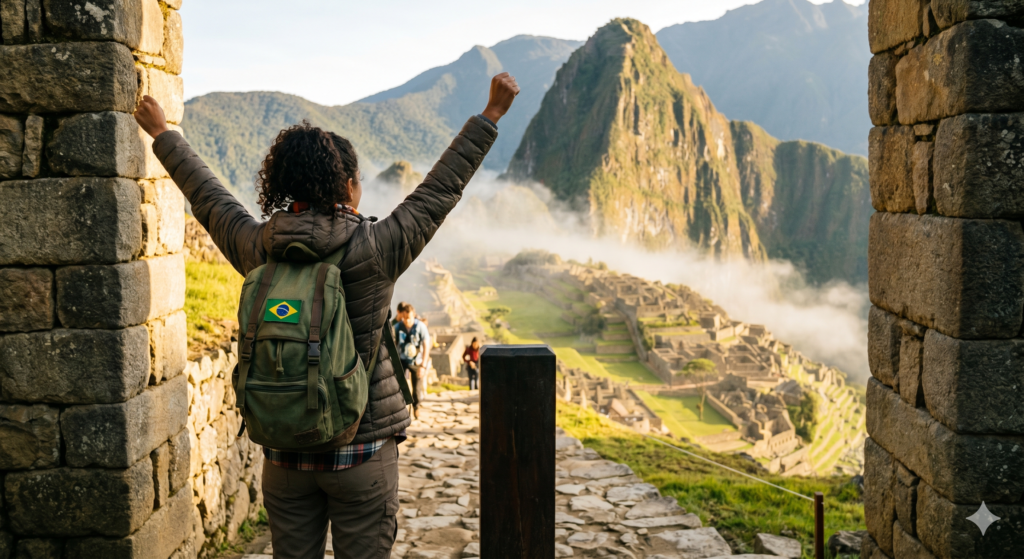 viajante com uma mochila verde que exibe a bandeira do Brasil. Ela está de pé entre os portais de pedra da Porta do Sol (Inti Punku) com os braços erguidos em um gesto de triunfo, contemplando a cidadela de Machu Picchu ao longe, parcialmente coberta por uma névoa matinal que se dissipa.