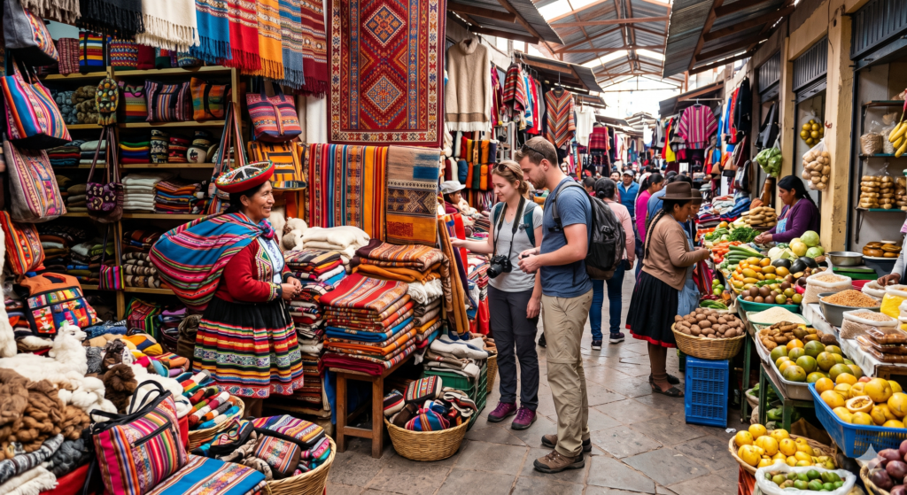 mercado peruano em Cusco. À esquerda, uma vendedora com trajes tradicionais coloridos sorri ao lado de pilhas de tecidos andinos, bolsas e tapetes geométricos. No centro do corredor, turistas observam os produtos, enquanto o lado direito exibe bancas repletas de frutas, batatas e alimentos locais.