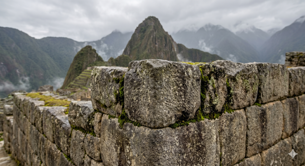 Machu Picchu: Guia Completo. close-up no canto de uma antiga parede de pedra inca, exibindo blocos perfeitamente esculpidos e encaixados sem o uso de argamassa. Pequenos tufos de musgo verde crescem entre as frestas. Ao fundo, a icônica montanha Huayna Picchu surge sob um céu nublado e cinzento.
