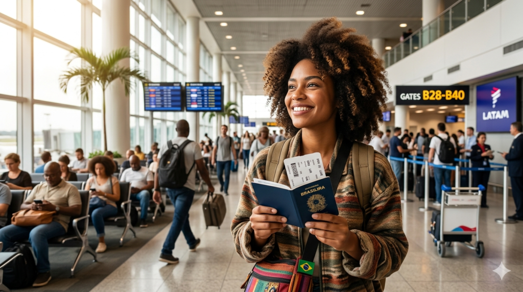 viajante brasileiro no aeroporto com visto americano aprovado