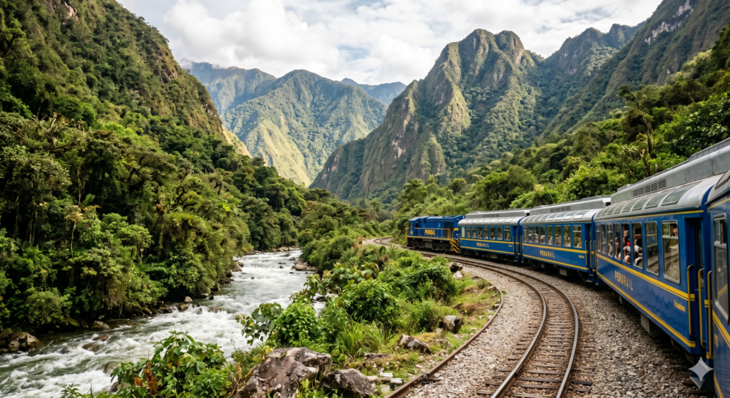 trem turístico azul e amarelo da Peru Rail fazendo uma curva ao longo dos trilhos no Vale Sagrado. À esquerda, um rio caudaloso corre ao lado da ferrovia, cercado por uma vegetação tropical densa e encostas de montanhas verdes e íngremes.