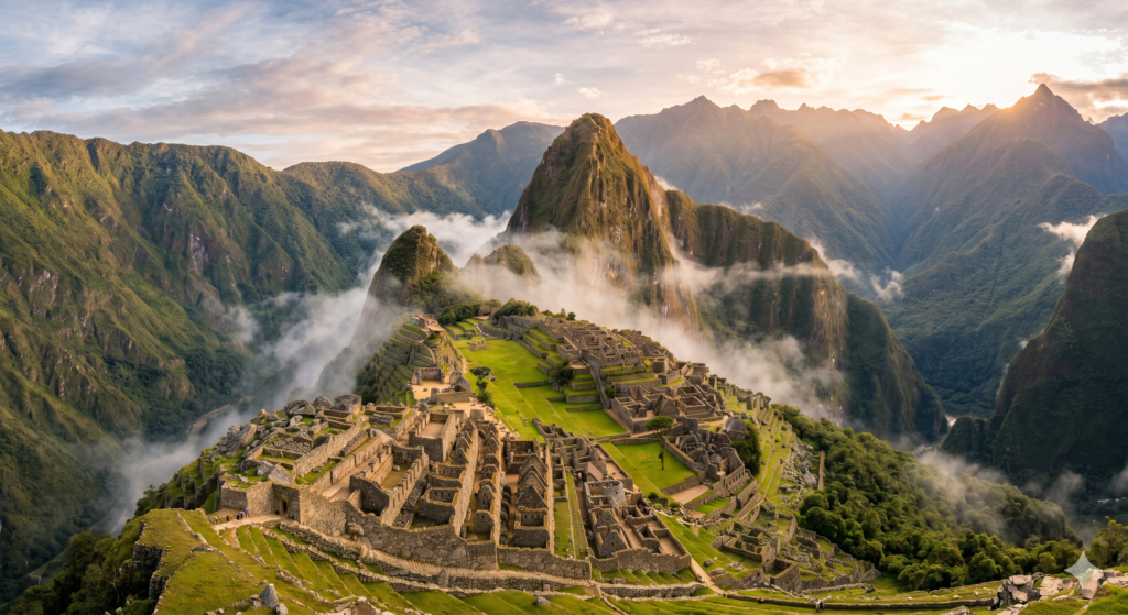 vista aérea de grande angular da antiga cidadela inca de Machu Picchu. A luz dourada do início da manhã ilumina as ruínas de pedra e os terraços verdes. Uma névoa suave flutua entre as montanhas andinas escarpadas ao fundo, sob um céu parcialmente nublado.
