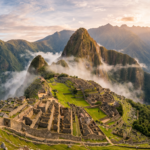 vista aérea de grande angular da antiga cidadela inca de Machu Picchu. A luz dourada do início da manhã ilumina as ruínas de pedra e os terraços verdes. Uma névoa suave flutua entre as montanhas andinas escarpadas ao fundo, sob um céu parcialmente nublado.