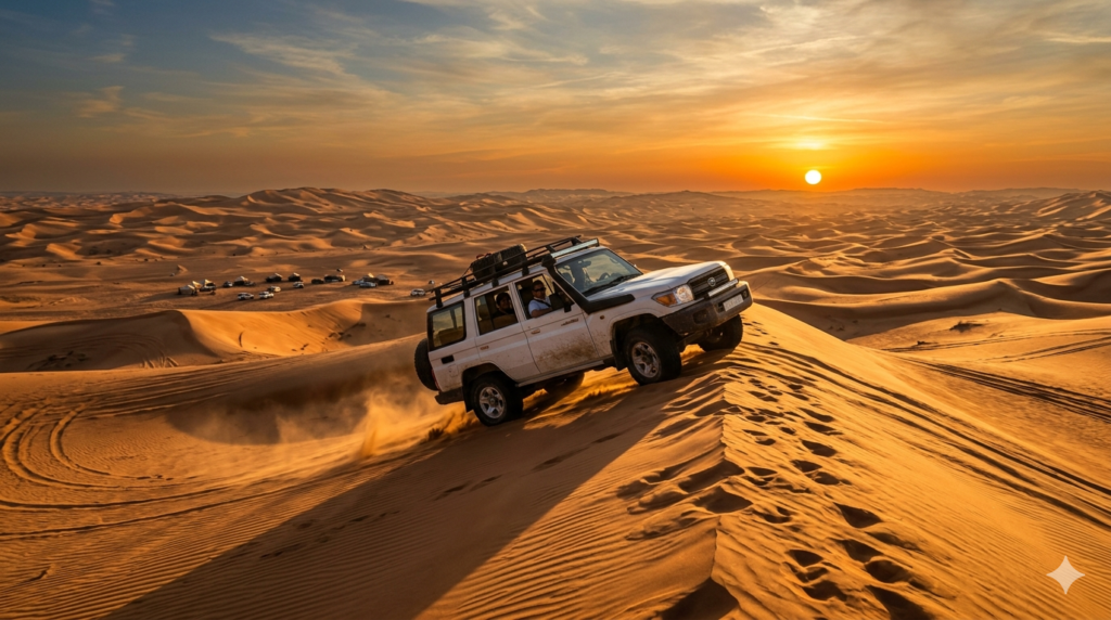 safari no deserto de Dubai ao por do sol, passeio de 4x4 nas dunas