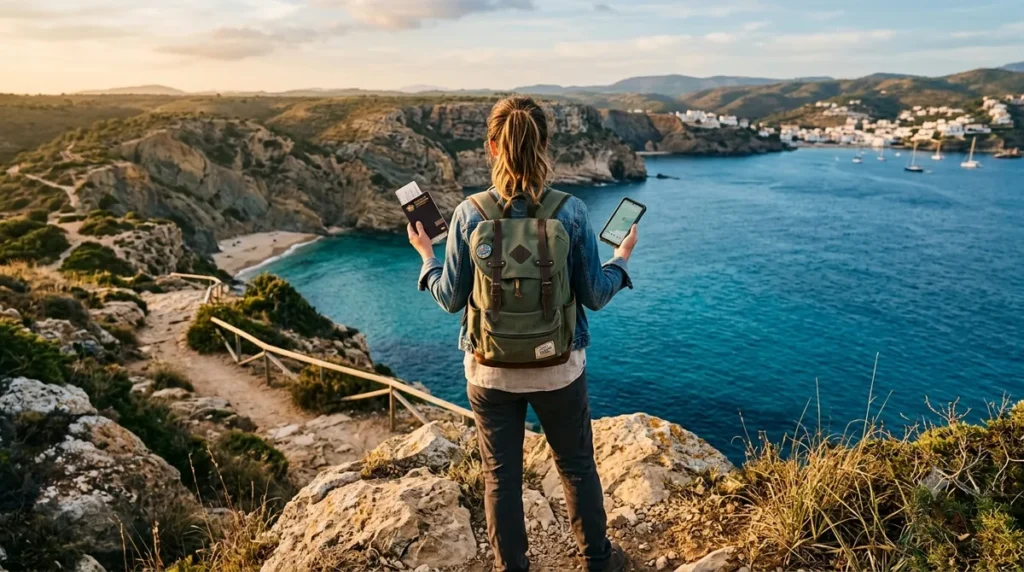 viajante com mochila segurando passaporte diante de uma paisagem litoranea, seguro viagem internacional