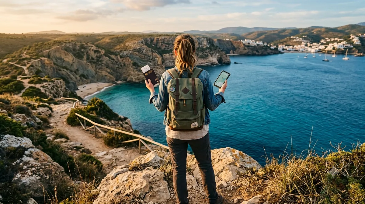 viajante com mochila segurando passaporte diante de uma paisagem litoranea, seguro viagem internacional