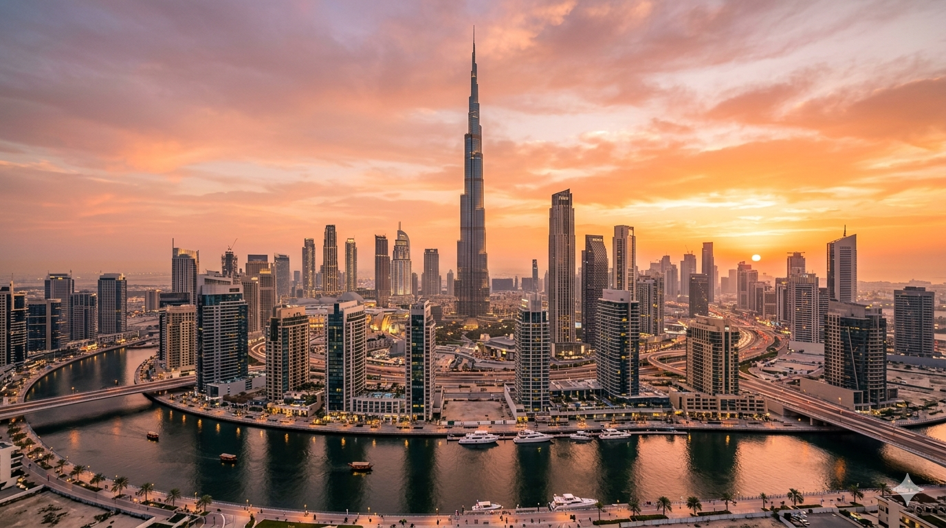 Dubai guia completo, skyline com o Burj Khalifa ao por do sol