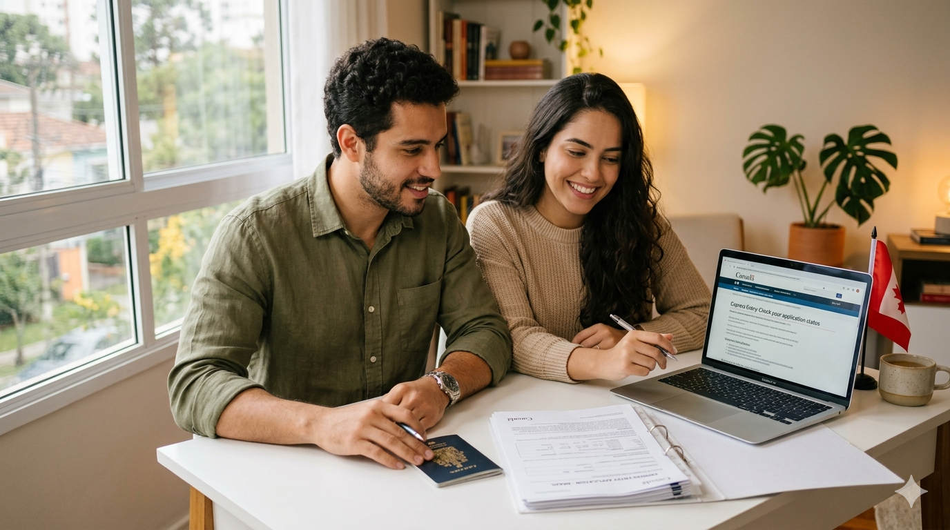 Documentos de imigração com passaporte canadense e site do Express Entry abertos na mesa