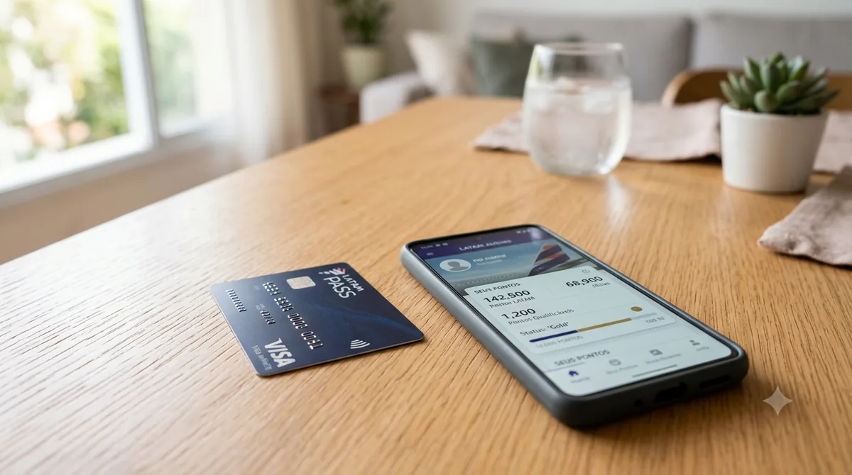 Cartão de crédito e celular com app de milhas aéreas