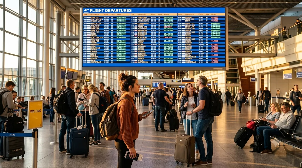 Painel de embarque de aeroporto, busca de passagem aérea barata