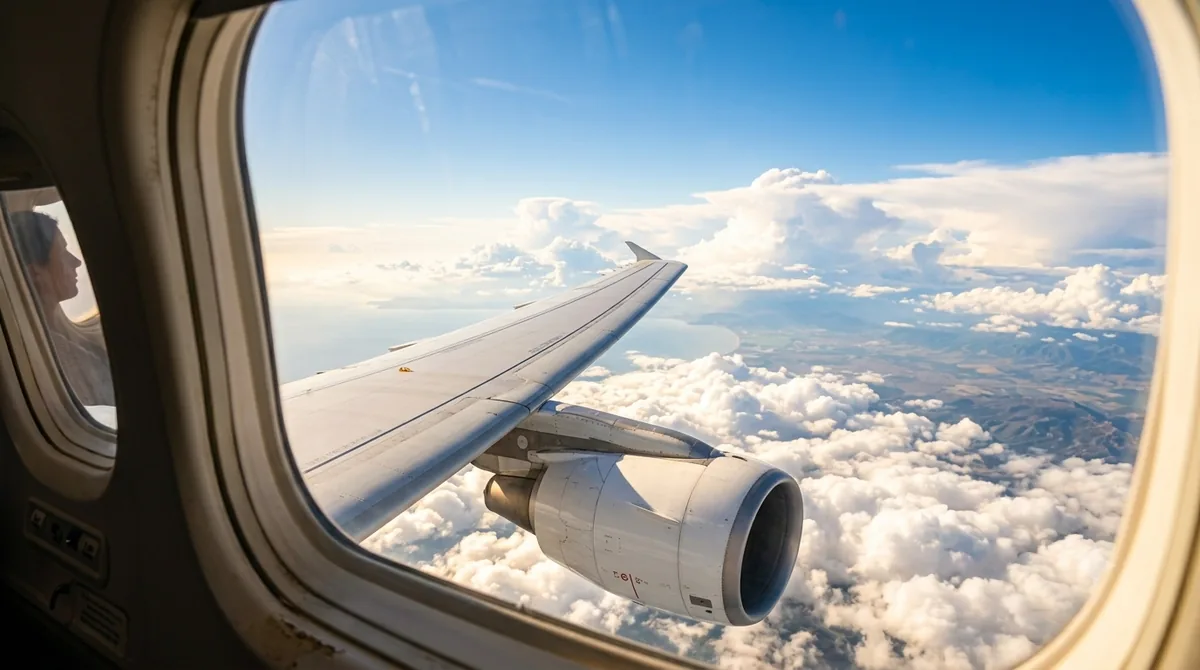 Vista da janela do avião durante o voo internacional