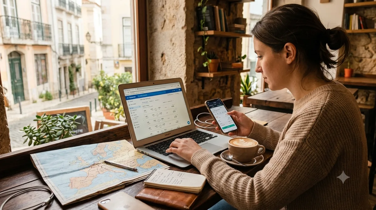 Pesquisando passagem aérea barata no notebook e celular
