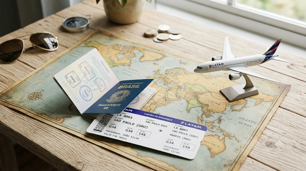 Passaporte e cartão de embarque sobre um mapa-múndi, planejamento de seguro viagem internacional