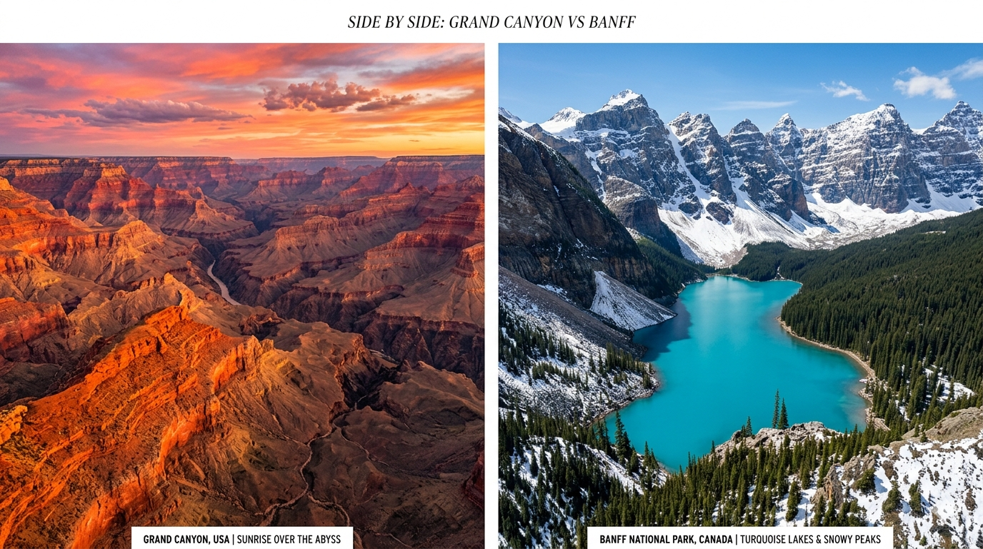 Comparação turística: Grand Canyon nos EUA à esquerda e Parque Nacional de Banff no Canadá à direita