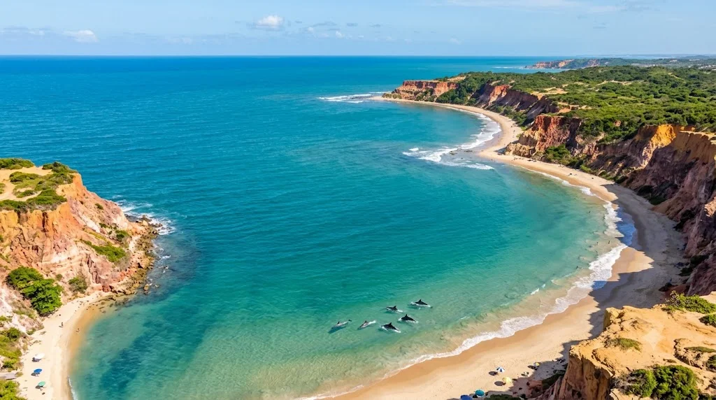 Baia dos Golfinhos em Praia de Pipa vista do alto com golfinhos