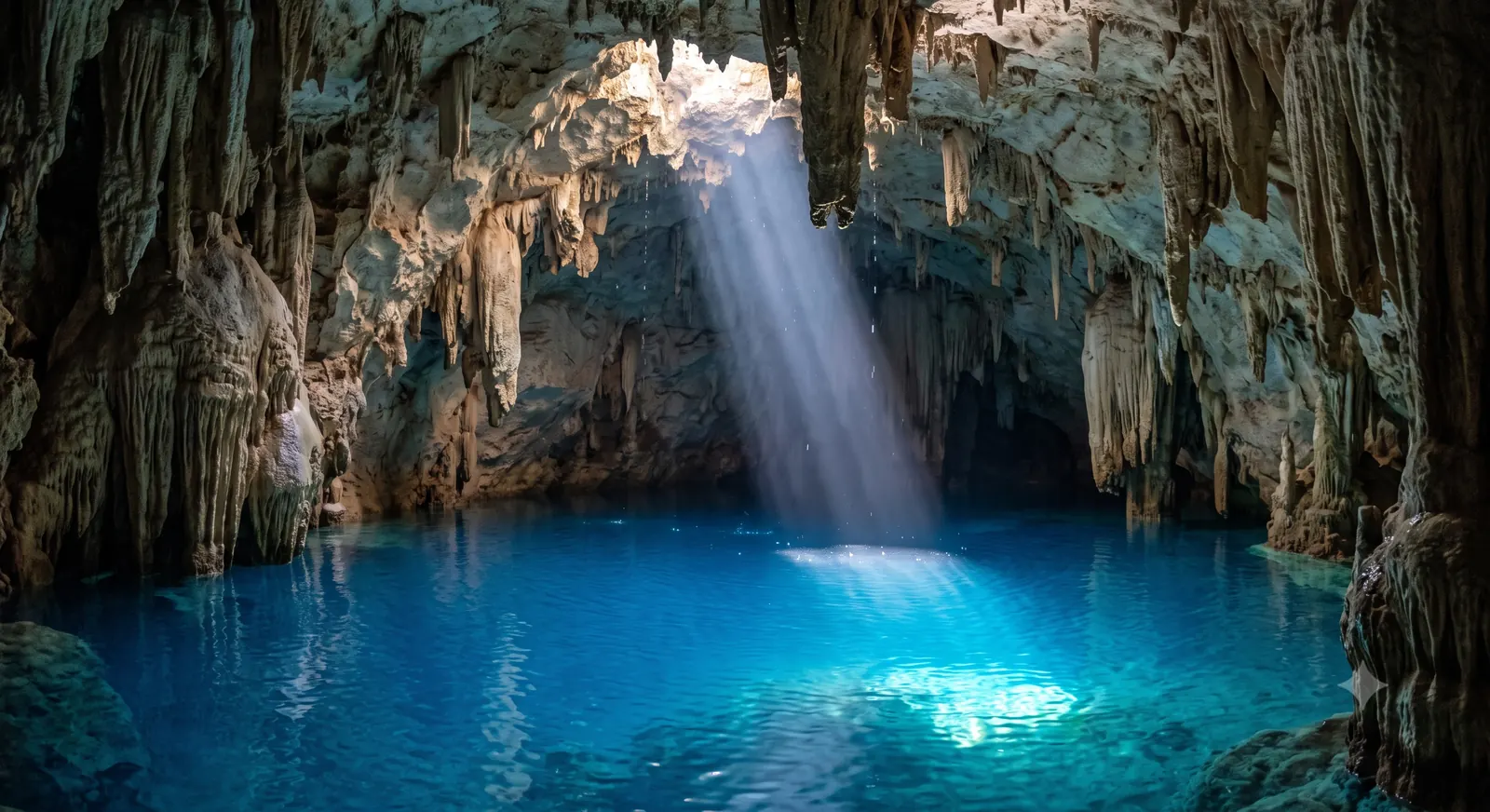 Interior da Gruta do Lago Azul em Bonito MS, lago subterrâneo azul intenso iluminado por feixe de luz natural