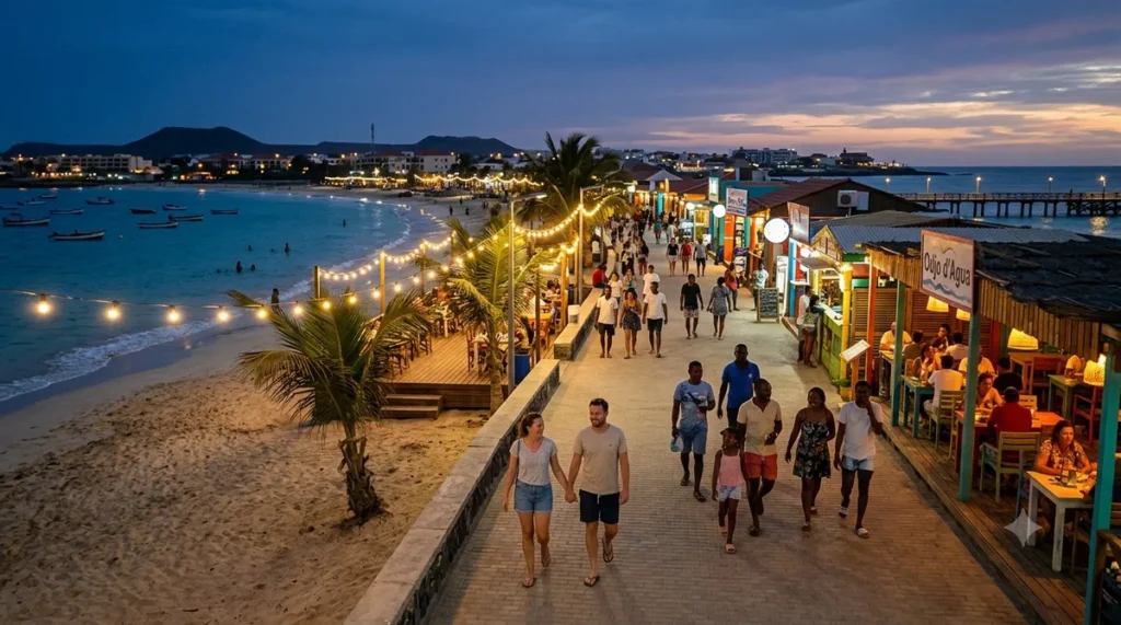 Cabo Verde é seguro: calçadão de Santa Maria iluminado ao anoitecer na Ilha do Sal