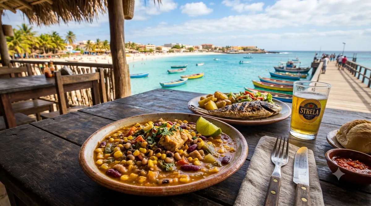 Cachupa, prato típico de Cabo Verde, servida em restaurante à beira-mar