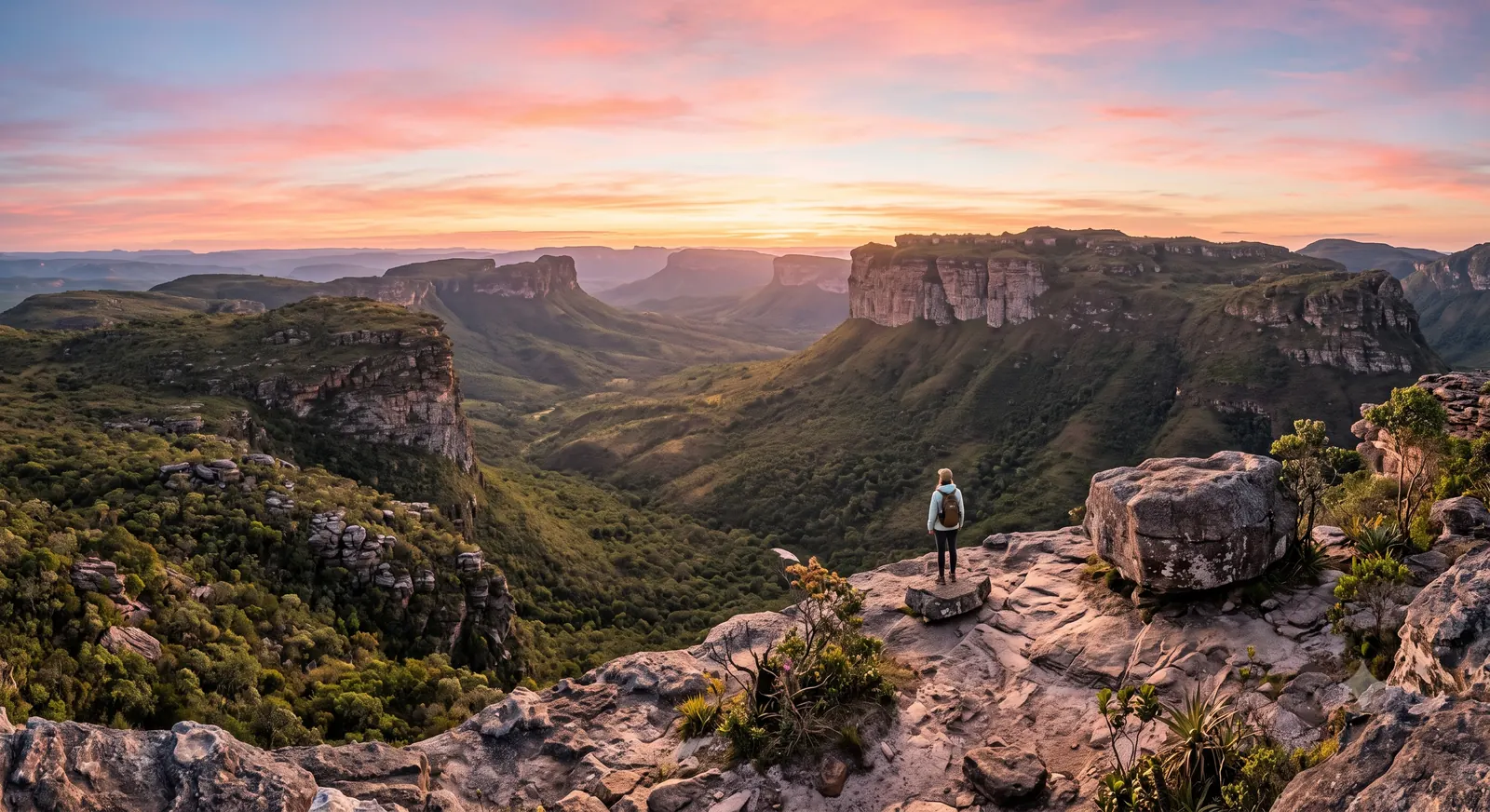 Vista do topo do Morro do Pai Inácio ao nascer do sol, com trilheiro observando o vale da Chapada Diamantina