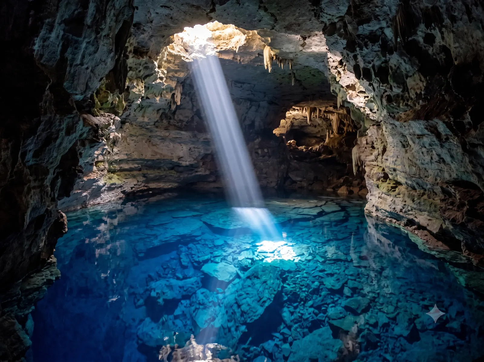 Interior do Poço Encantado na Chapada Diamantina, lago subterrâneo azul iluminado por feixe de luz natural