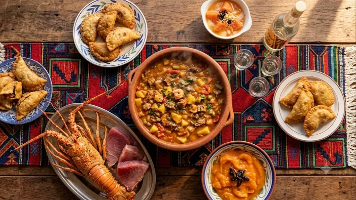 Mesa com comidas tipicas de Cabo Verde: cachupa, lagosta grelhada, pasteis e grogue